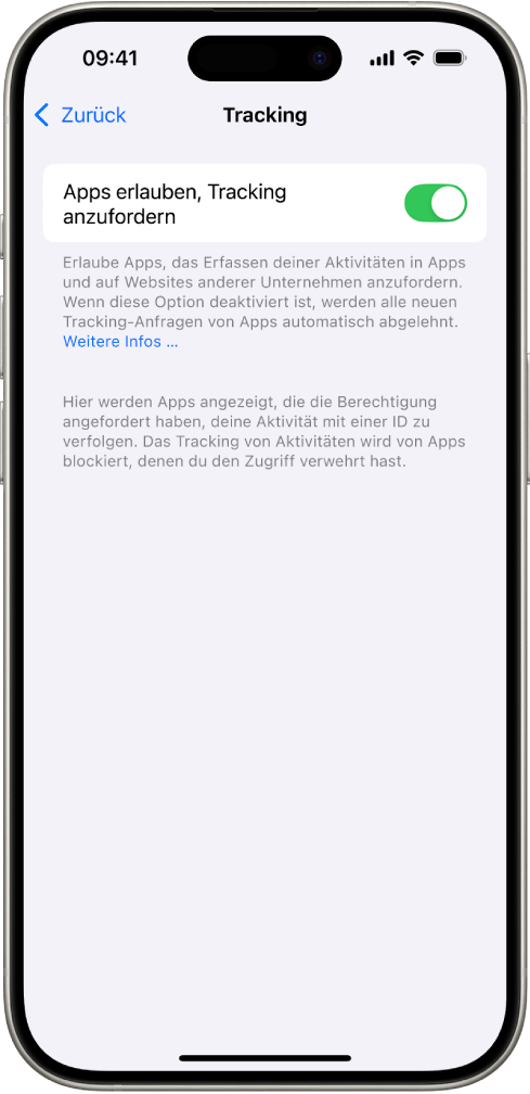 Der Bildschirm „Tracking“ mit einer Einstellung, die festlegt, ob Apps anfordern dürfen, dich über Websites und Apps anderer Unternehmen hinweg zu tracken.