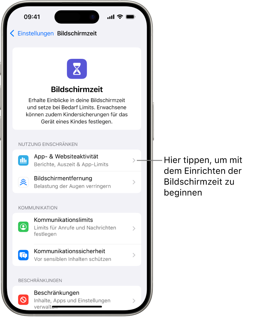 Der Bildschirm für die Einrichtung der Bildschirmzeit mit der Taste „App- & Websiteaktivität“.