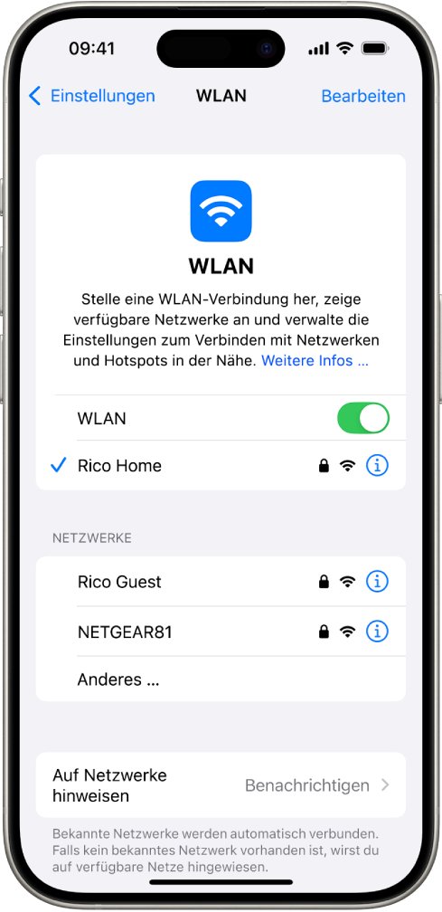 Der Bildschirm mit den WLAN-Optionen in „Einstellungen“. WLAN ist aktiviert und ein neues Netzwerk ist ausgewählt.