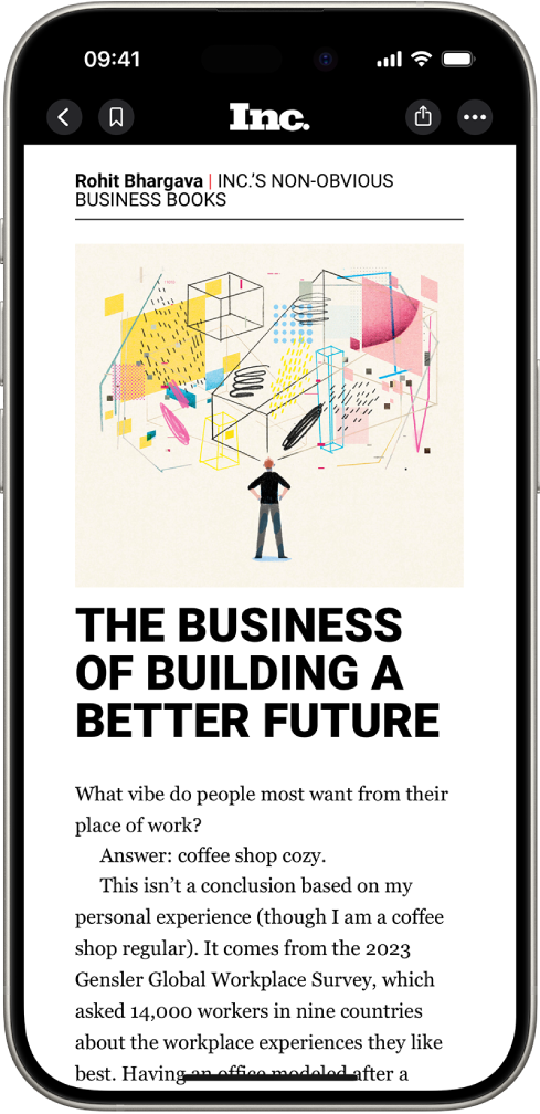 Ein Artikel von Apple News. Links oben in der Ecke befinden sich die Tasten „Zurück“, um zur App „Aktien“ zurückzukehren, und „Lesezeichen hinzufügen“. Rechts oben befinden sich die Tasten „Textgröße“ und „Weitere Aktionen“.