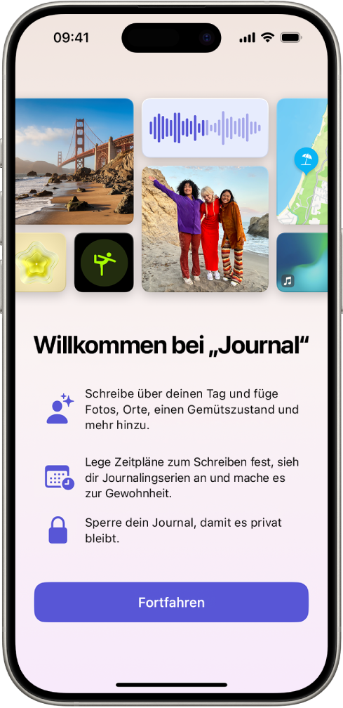 Der Willkommensbildschirm für die App „Journal“