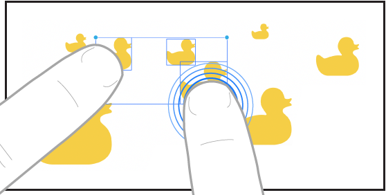 Zwei Finger, die Objekte in Freeform auswählen.