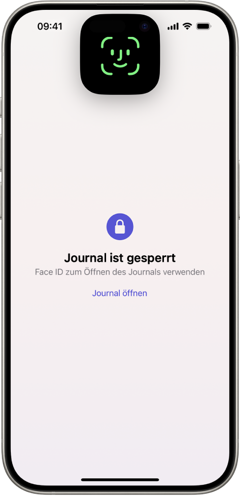 Ein Bildschirm fordert dich auf, Face ID zum Entsperren des Journals zu verwenden.