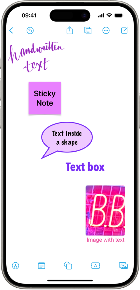 Ein Freeform-Board, das entsprechend den Tasten unten auf dem Bildschirm eine Zeichnung, einen Notizzettel, eine Form, ein Textfeld und ein Bild enthält.