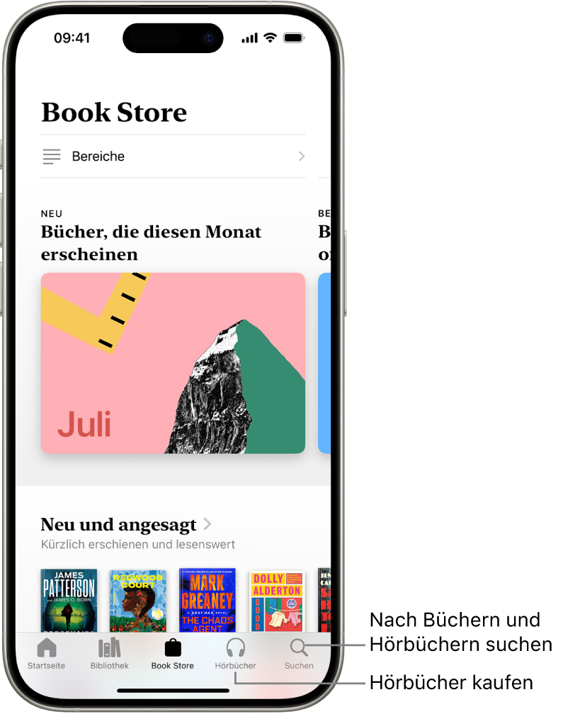 Der Bildschirm „Book Store“ in der App „Bücher“. Unten auf dem Bildschirm sind von links nach rechts die Tabs „Home“, „Bibliothek“, „Book Store“, „Hörbücher“ und „Suchen“ zu sehen. Der Tab „Book Store“ ist ausgewählt.