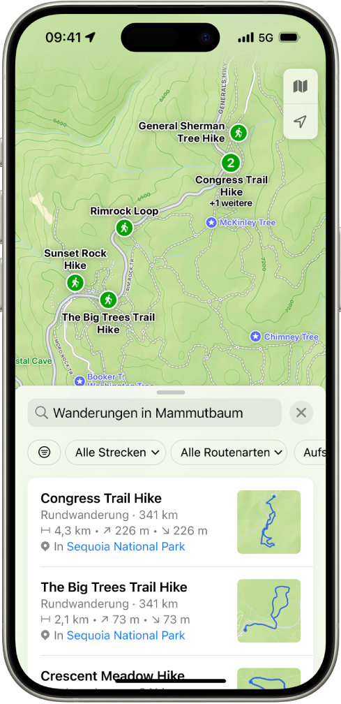 Die App „Karten“ zeigt Ergebnisse, die zu einer Suche nach Wanderungen in einem Nationalpark passen.