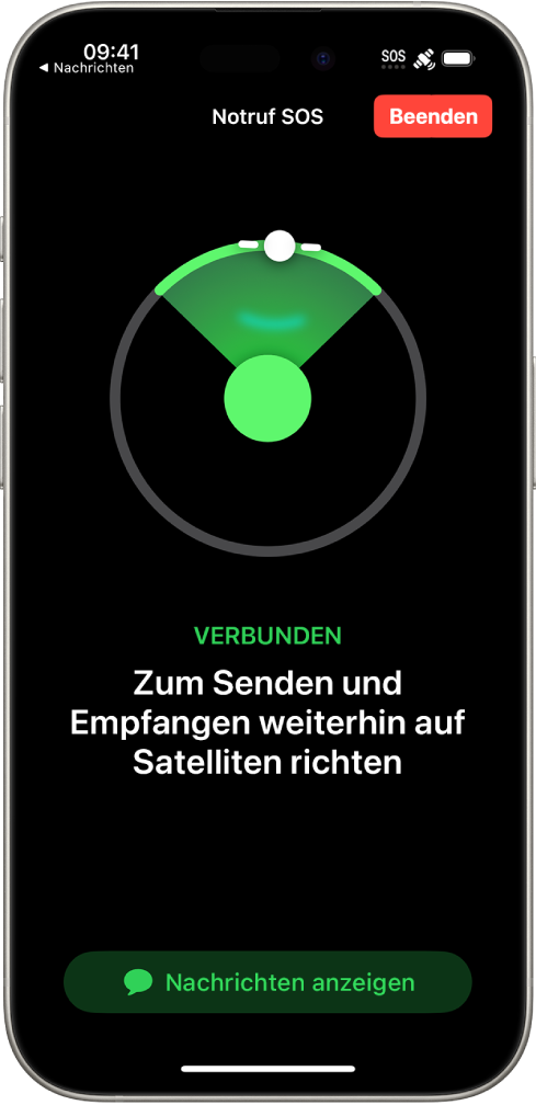 Der Bildschirm „Notruf SOS“ gibt an, dass das Handy verbunden ist, und die Anweisung, das Handy weiterhin in die Richtung des Satelliten zu halten, ist zu sehen. Unten auf dem Bildschirm ist die Taste „‚Nachrichten‘ öffnen“ zu sehen.