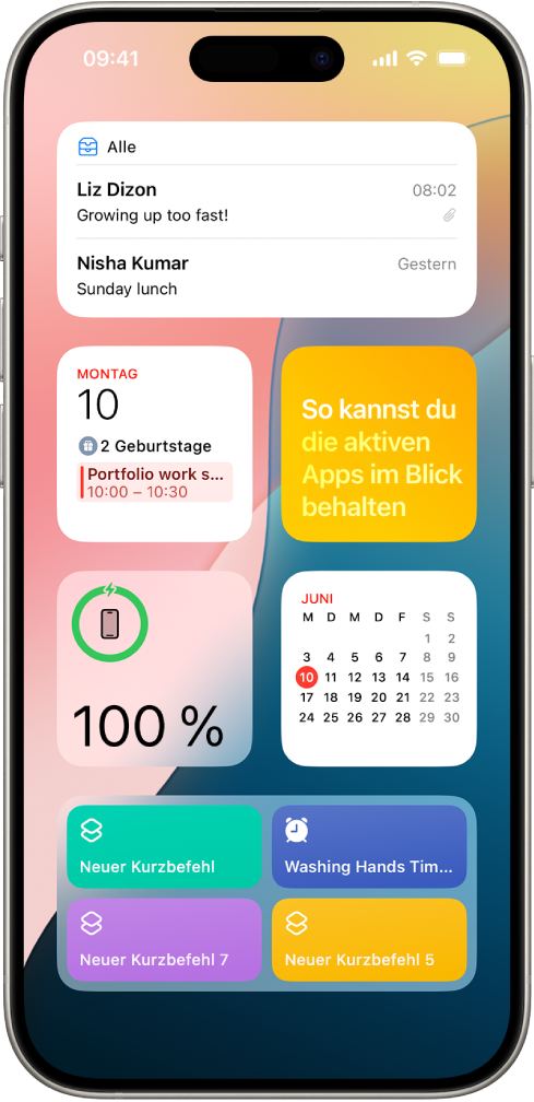 Widgets erscheinen in der Ansicht „Heute“, einschließlich der Widgets „Erinnerungen“, „Fotos“, „Batterie“, „Kalender“, „Tipps“ und mehr.