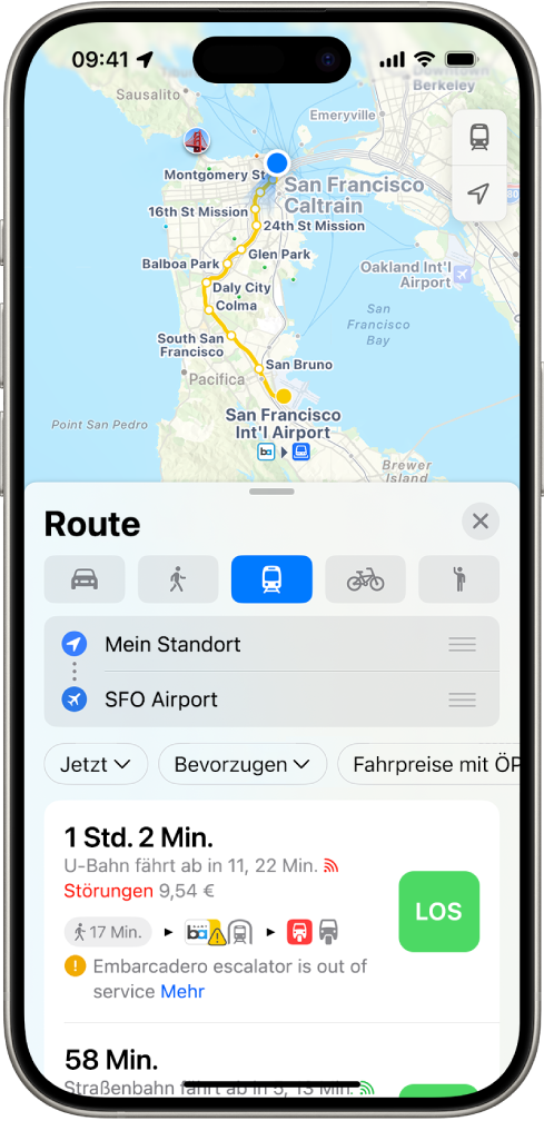 Eine Karte mit ÖPNV-Routen. Die Routenkarte unten enthält Details, darunter die voraussichtliche Wegzeit und Fahrtkosten. Die Taste „Los“ wird rechts neben den Routendetails angezeigt.