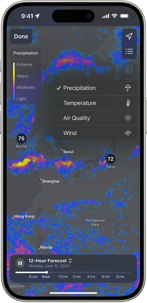 A temperature map of the surrounding area fills the iPhone screen. In the top-right corner, from top to bottom, are the Current Location, Favorite Locations, and Overlay Menu buttons. The Overlay Menu button is selected and displays the Precipitation, Temperature, Air Quality, and Wind buttons. The Precipitation button is selected. In the top-left corner is the Done button and the Precipitation Map Overlay Scale.