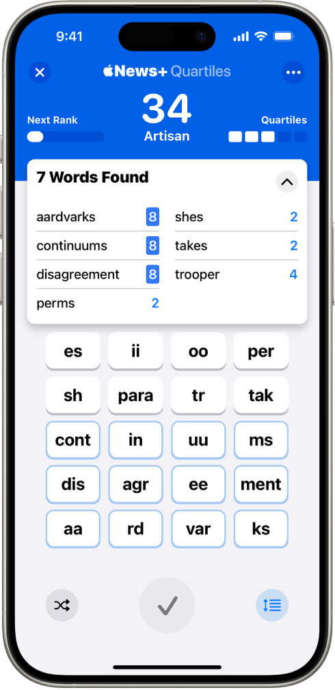 The Quartiles game, showing the player’s score, rank, and progress to the next rank. A list includes words found in a grid of 20 tiles—a few 8-point, four-tile words and several others with their corresponding point values.