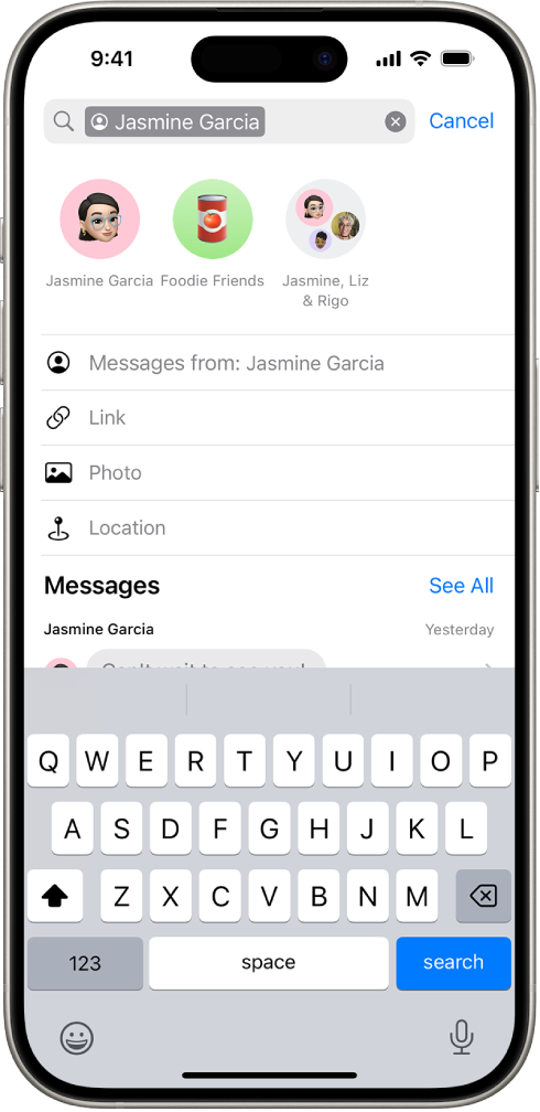 The search field in the Messages app. The search field contains a tag limiting the search to messages from one person. Other tags to add to the search field—Link, Photo, Location, and Document—appear as options.