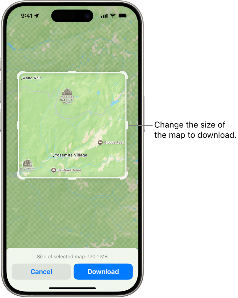 A map of a national park. The park is framed by a rectangle with handles, which can be moved to change the size of the map to download. The selected map’s download size is indicated near the bottom of the map. The Cancel and Download buttons are at the bottom of the screen.