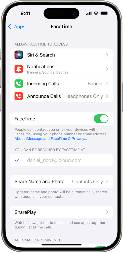 The FaceTime Settings screen, showing the switch to turn FaceTime on or off and the field with your Apple Account for FaceTime.