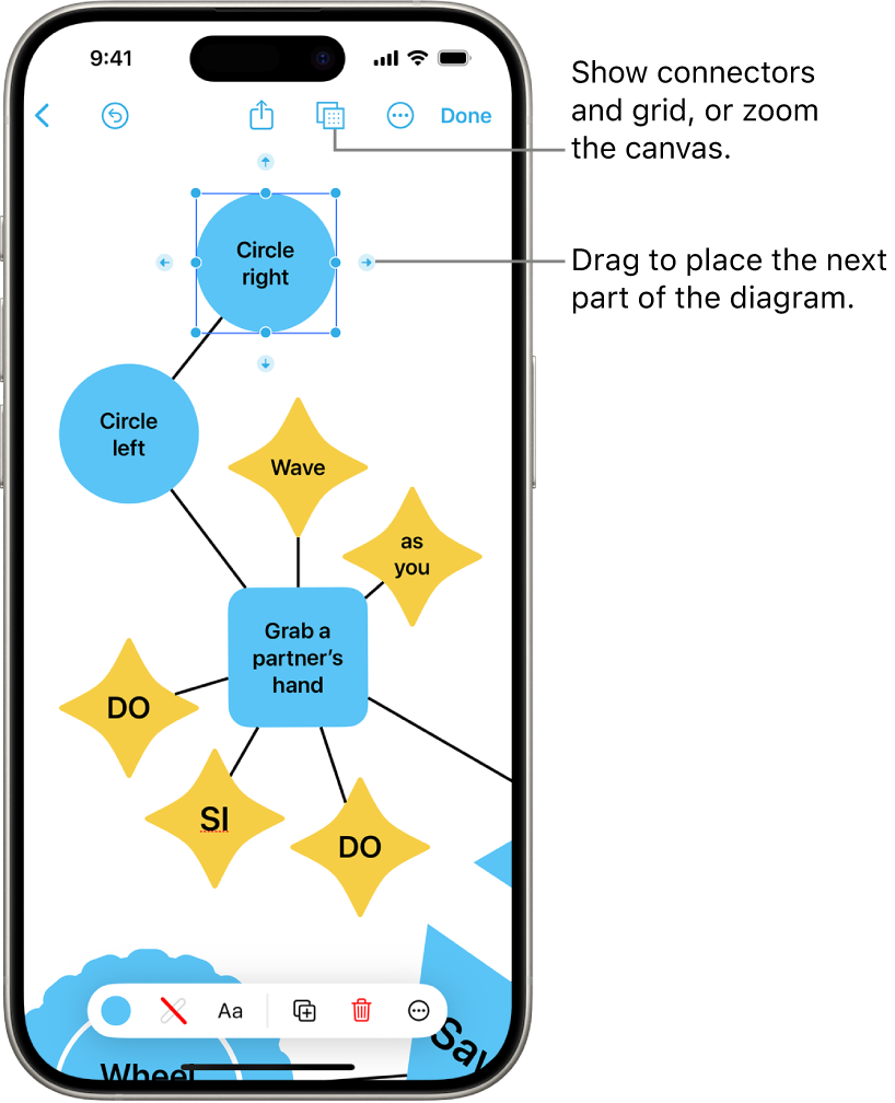 A diagram on a Freeform board, with connectors showing on a selected shape, and the shape formatting tools visible at the bottom of the screen.