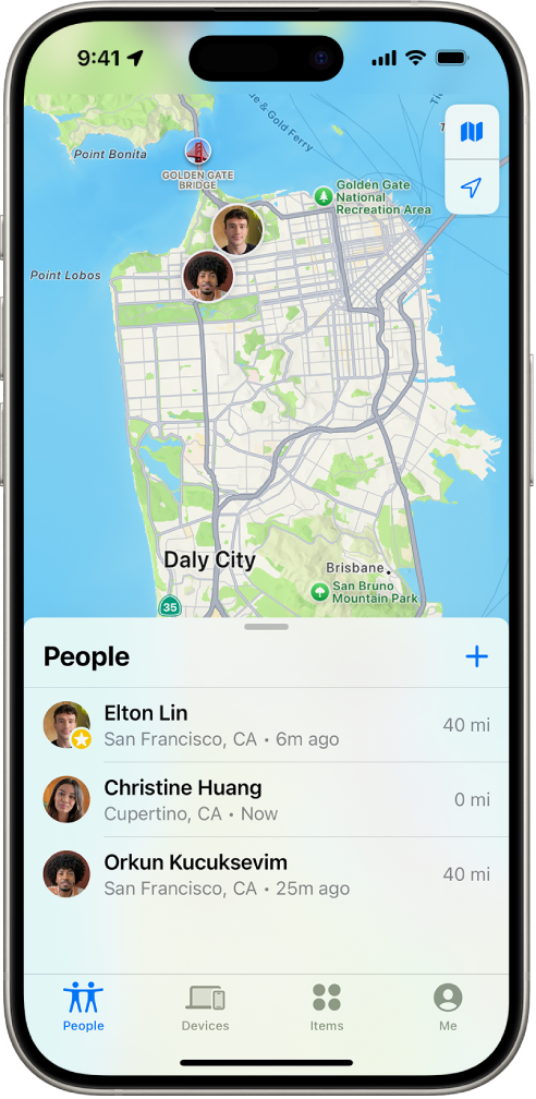 The Find My screen showing the People list and their locations on a map.