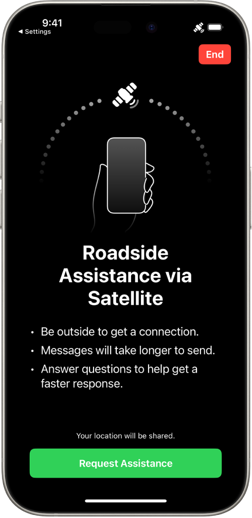 The Roadside Assistance via satellite screen. The Request Assistance button is at the bottom of the screen.