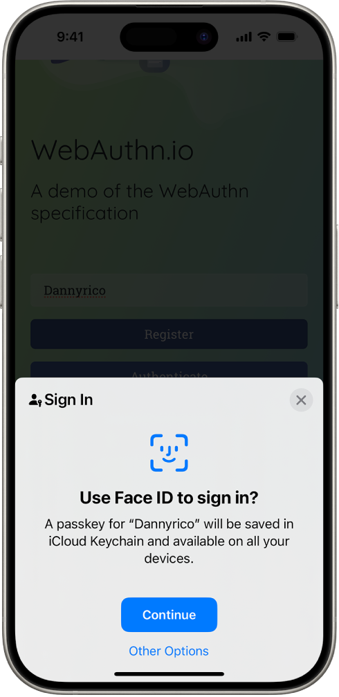 The bottom half of the iPhone screen gives the option to use passkeys to sign in to a website. It has a Continue button to save a passkey, and an Other Options button.