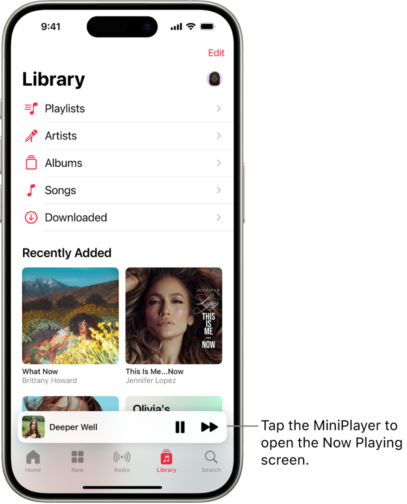 The Library screen, showing the MiniPlayer near the bottom. The MiniPlayer shows the title of the song that’s playing. The Pause and Next Track buttons are to the right of the song title. Tap the MiniPlayer to open the Now Playing screen.