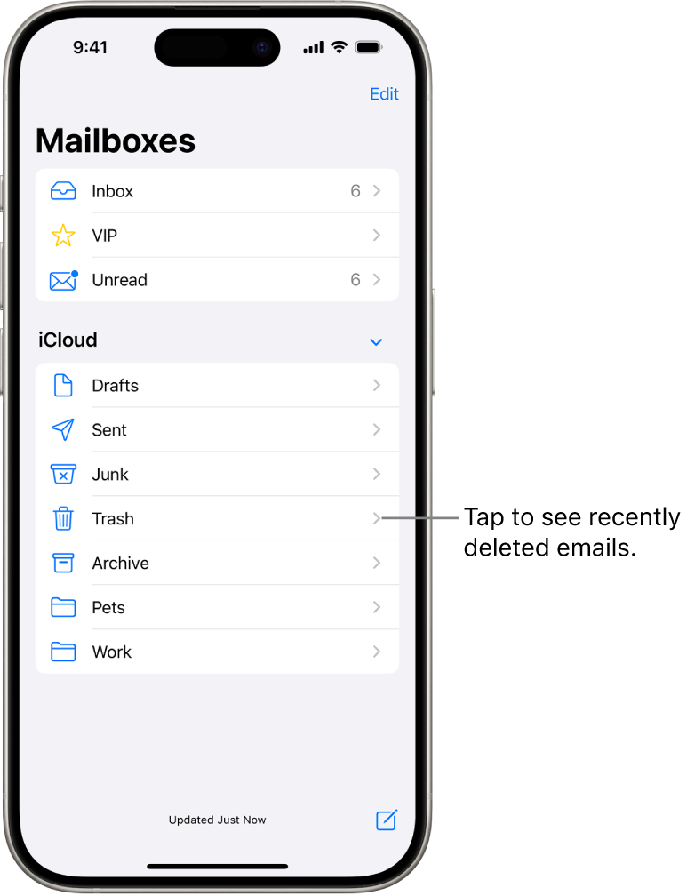 The Mailboxes screen. Below iCloud, mailboxes are listed from top to bottom, including the Trash mailbox. Tap it to see recently deleted emails.