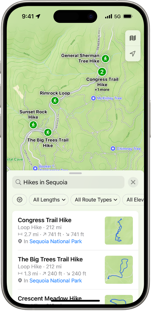 La app Mapas mostrando resultados para una búsqueda de rutas de senderismo en un parque nacional.