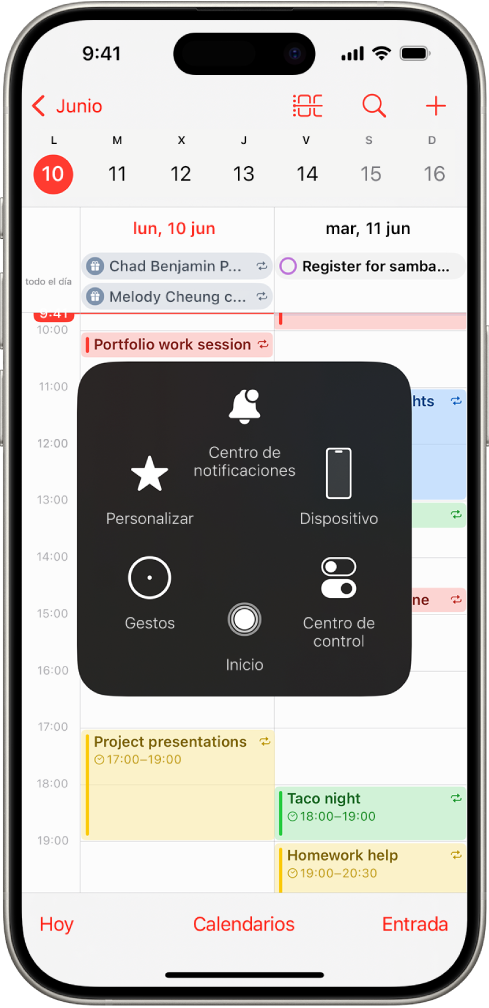 iPhone con el menú AssistiveTouch visible con los controles “Centro de notificaciones”, Dispositivo, “Centro de control”, Inicio, Siri y Personalizados.