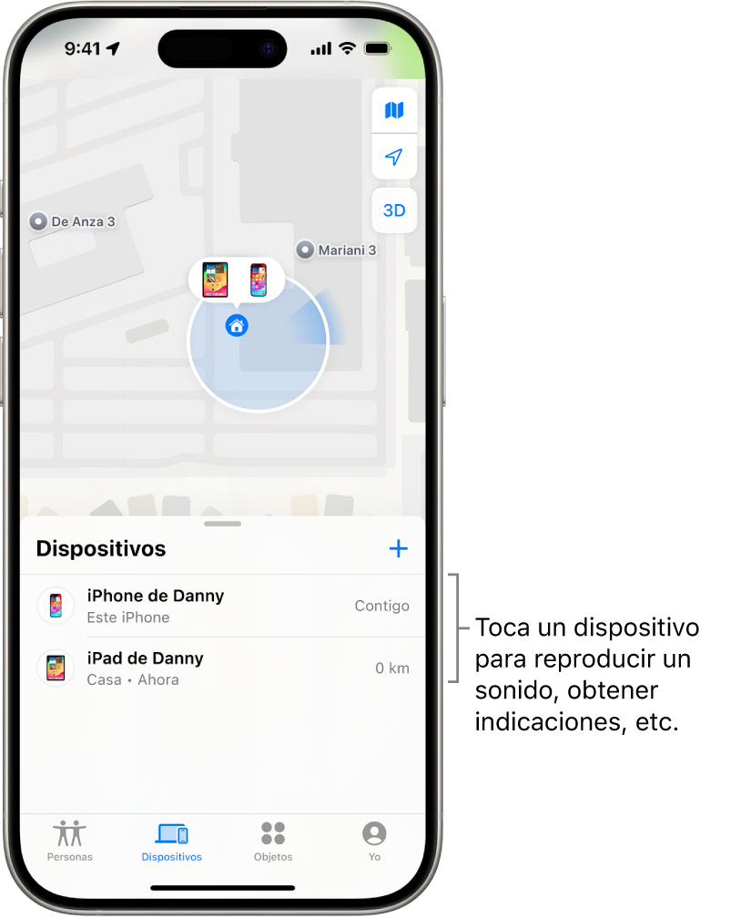 Pantalla Buscar abierta en la lista Dispositivos. Hay dos dispositivos en la lista Dispositivos: El iPhone de Alberto y el iPad de Alberto. Sus ubicaciones se muestran en un mapa.