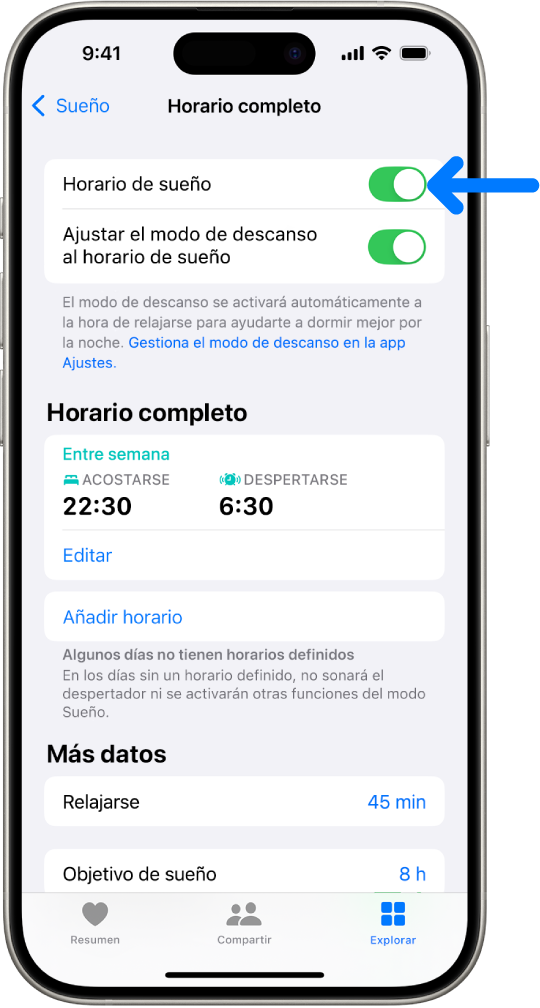 Pantalla “Horario completo” de la app Salud con la opción “Horario de sueño” activada en la parte superior.