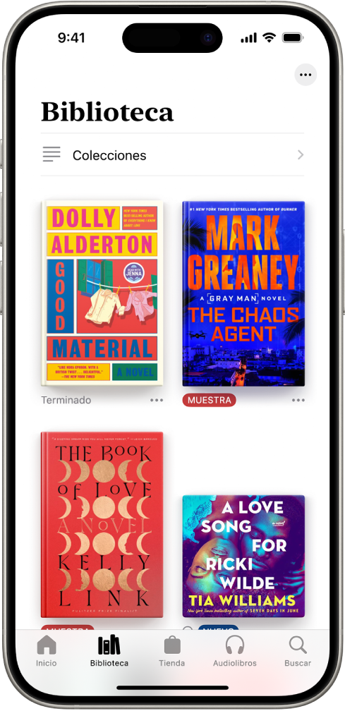 Pantalla Biblioteca en la app Libros. En la parte superior de la pantalla se encuentra el botón Colecciones. En el centro de la pantalla se muestran portadas de libros. En la parte inferior de la pantalla, de izquierda a derecha, se muestran las pestañas Inicio, Biblioteca, Tienda, Audiolibros y Buscar. La pestaña Biblioteca está seleccionada.