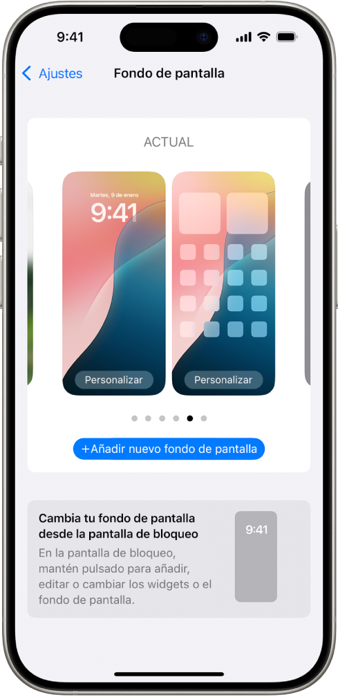 Pantalla de ajustes del fondo de pantalla con los botones para personalizar el fondo de pantalla actual de la pantalla de inicio y la pantalla de bloqueo, y el botón “Añadir nuevo fondo de pantalla” para cambiar el fondo de pantalla.