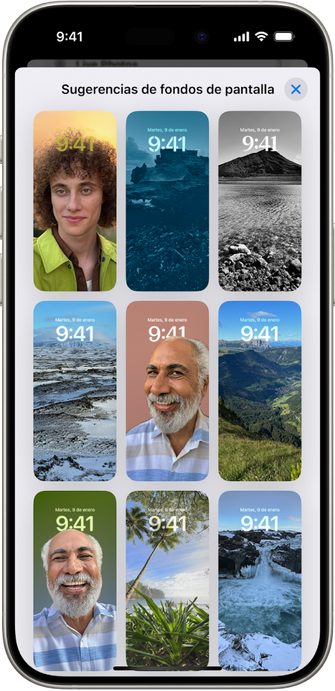 “Sugerencias de fondos de pantalla” está abierto en la app Fotos. En una lista de sugerencias aparecen combinaciones de fotos generadas automáticamente, efectos de filtro y tipos de letra para la esfera del reloj.