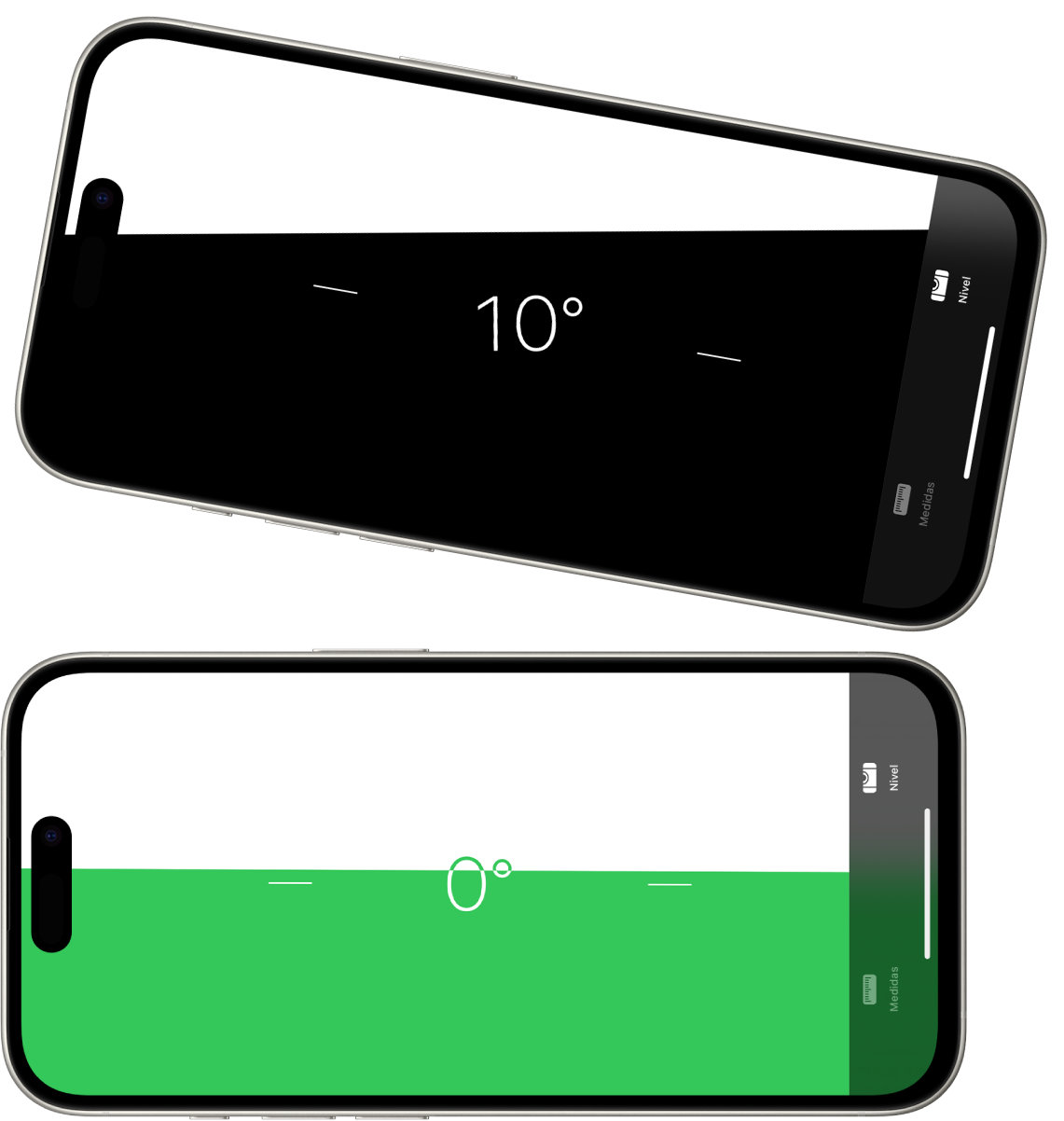 La pantalla de nivel en la app Medidas. Arriba, el iPhone está inclinado con un ángulo de diez grados; abajo, el iPhone está nivelado.