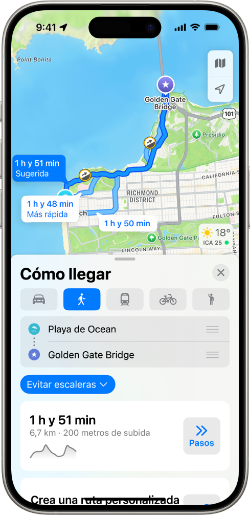 Mapa con una ruta para ir a pie. La tarjeta de ruta en la parte inferior proporciona detalles como el tiempo de desplazamiento estimado y los cambios de desnivel. A la derecha de los detalles se muestra un botón Ir.