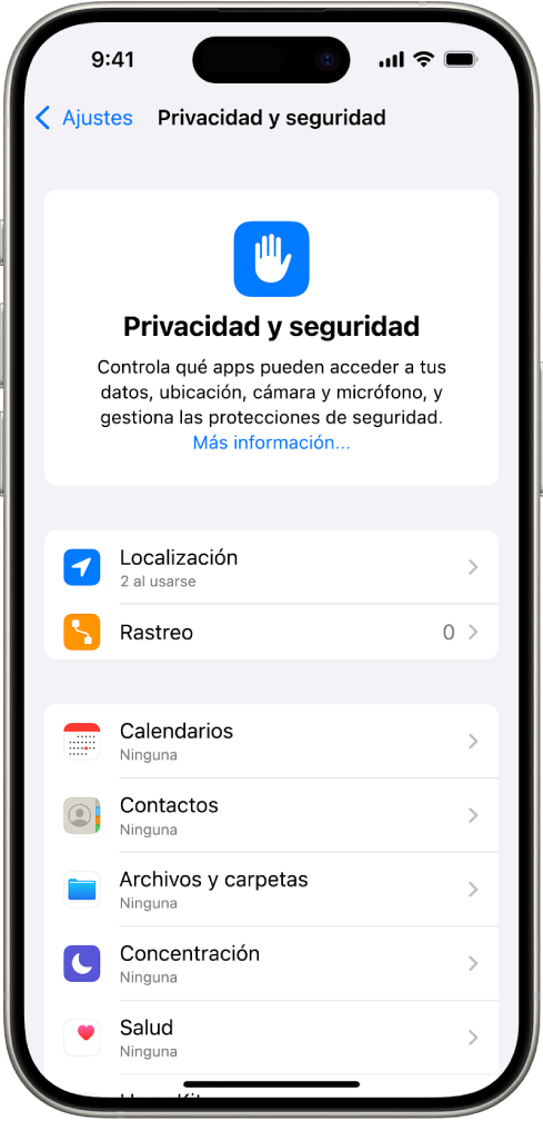 Pantalla “Privacidad y seguridad” en Ajustes.