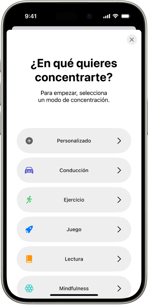 Pantalla de configuración de los modos de concentración para las opciones de concentración adicionales proporcionadas, entre las que se incluyen Personalizado, Conducción, Ejercicio, Juego, Mindfulness y Lectura.