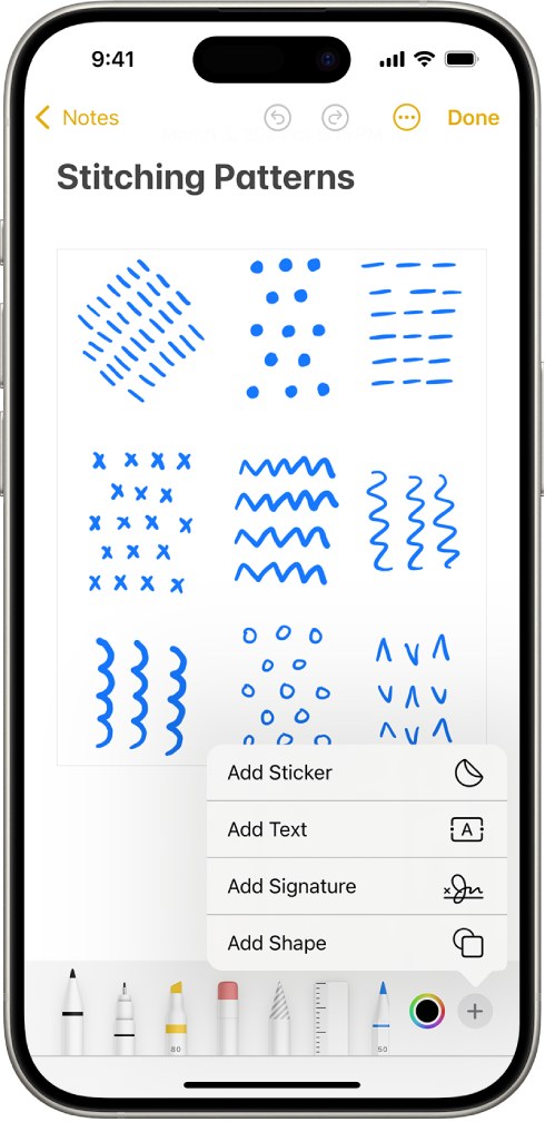 Rakenduses Notes on märkme allosas avatud Markup-tööriistariba ning ekraani alumises paremas nurgas on valitud nupp Add. Menüüs Add on saadaval järgmised valikud: Add Sticker, Add Text, Add Signature ja Add Shape.