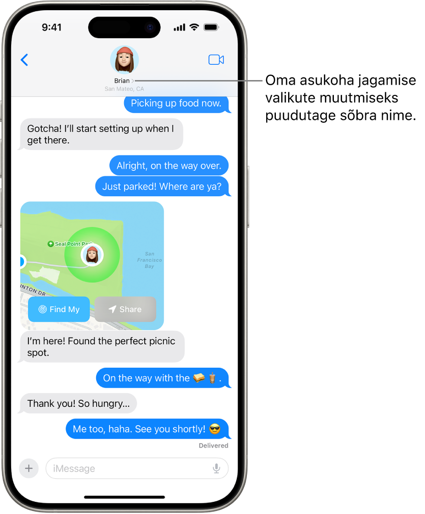 Messagesi vestlus koos funktsiooniga Precision Finding jagatud asukohaga.