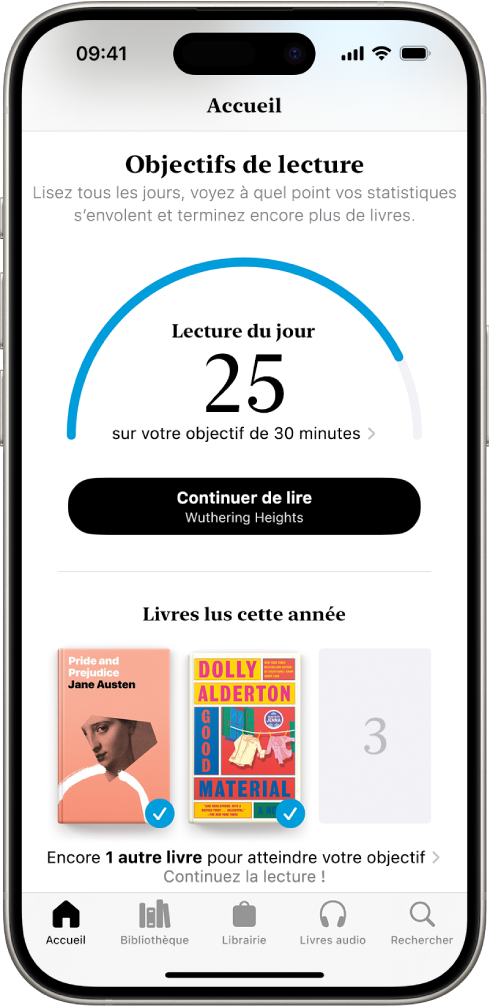 L’écran « Objectifs de lecture » affiche les statistiques de l’utilisateur, telles que la lecture du jour, son historique de lecture pour la semaine et les livres lus cette année. Les onglets Accueil (qui est sélectionné), Bibliothèque, Librairie, Livres audio et Recherche se trouvent dans la partie inférieure de l’écran.