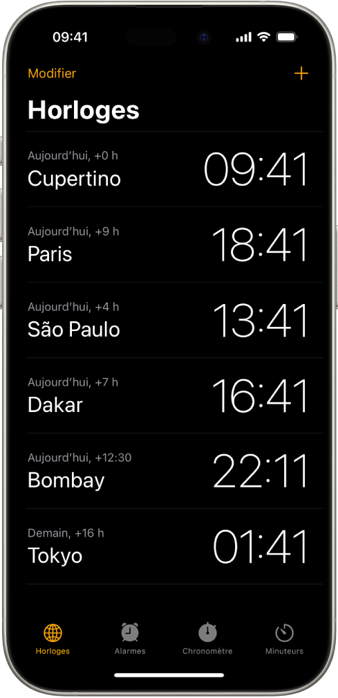 L’onglet Horloges, affichant l’heure dans différentes villes. Le bouton Modifier, qui se trouve dans le coin supérieur gauche, permet de réorganiser des horloges ou de les supprimer. Le bouton Ajouter, qui se trouve dans le coin supérieur droit, permet d’ajouter des horloges. Les boutons Horloges, Alarme, Chronomètre et Minuteurs se trouvent en bas de l’écran.