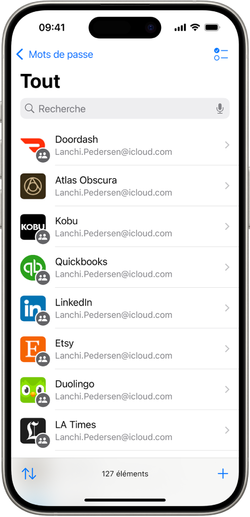 Liste d’apps dans l’app Mots de passe.