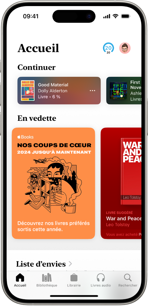 L’écran Accueil dans l’app Livres. En bas de l’écran se trouvent, de gauche à droite, les onglets Accueil, Bibliothèque, Librairie, Livres audio et Rechercher. L’onglet Accueil est sélectionné.