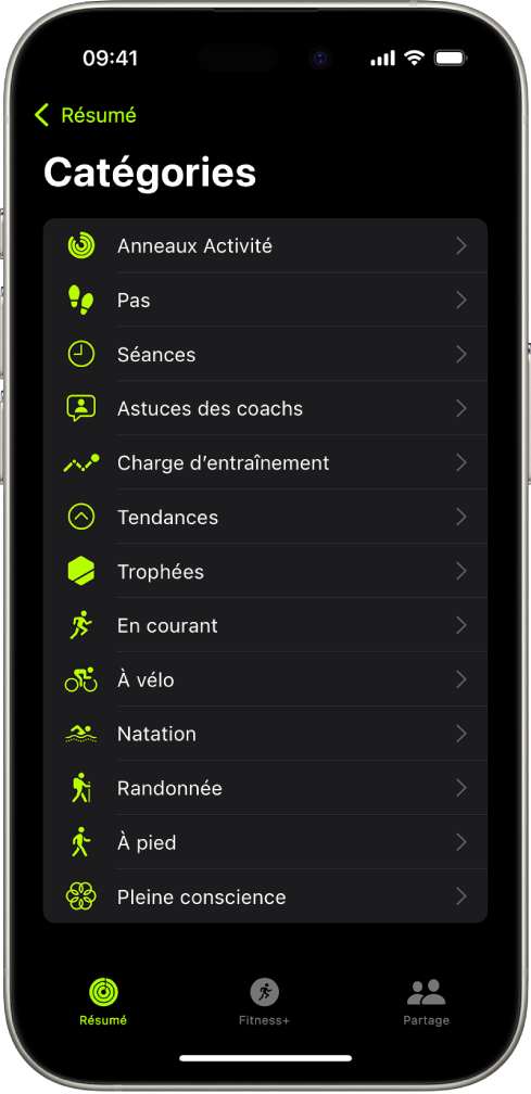 L’écran Forme affichant une liste de catégories de forme physique.
