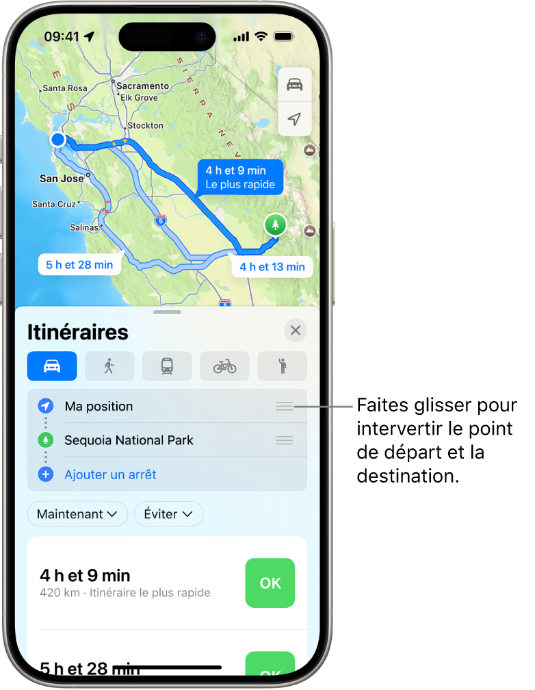 Un plan avec plusieurs itinéraires possibles en voiture entre « Ma position » et une destination.