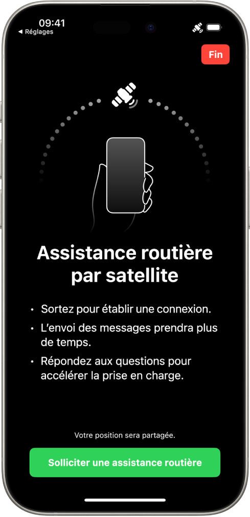 L’écran « Assistance routière par satellite ». Le bouton « Solliciter une assistance routière » apparaît au bas de l’écran.