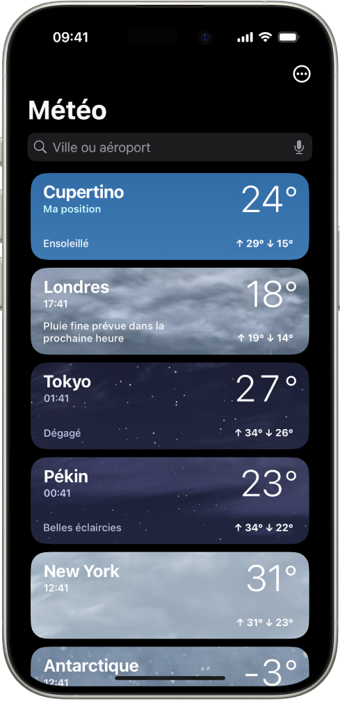 L’écran Météo affichant une liste de villes avec l’heure actuelle, la température, les prévisions et les températures minimales et maximales. En haut de l’écran se trouve le champ de recherche, avec le bouton Plus dans le coin supérieur droit.