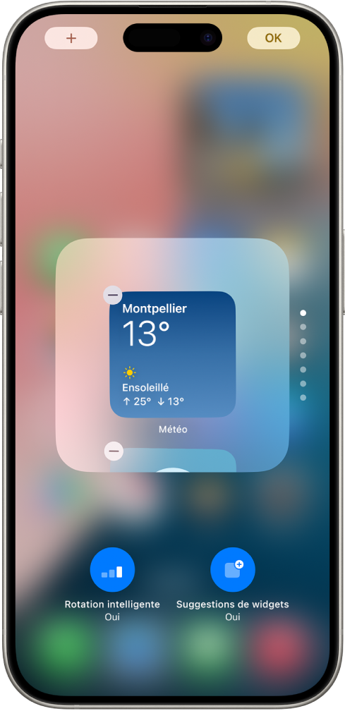 Une pile Défilement intelligent en cours de modification, avec un bouton Supprimer dans le coin supérieur gauche d’un widget de la pile. En-dessous se trouvent le bouton « Rotation intelligente » ainsi que le bouton « Suggestions de widgets », qui permet d’ajouter des widgets à la pile.