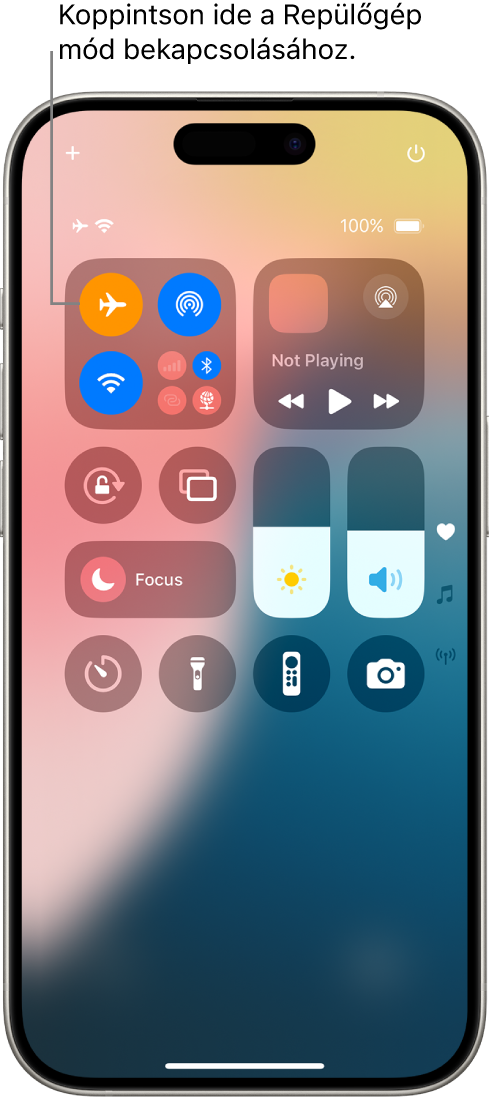 A Vezérlőközpont képernyője, amelyen az látható, hogy a bal felső gombra való koppintáskor a Repülőgép mód bekapcsol.