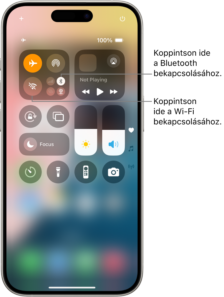 A Vezérlőközpont a bekapcsolt Repülőgép móddal megjeleníti, hogy a Wi-Fi és a Bluetooth ki van kapcsolva. A Vezérlőközpont bal felső sarkában a Wi-Fi és a Bluetooth bekapcsolásához használható gombok láthatók.