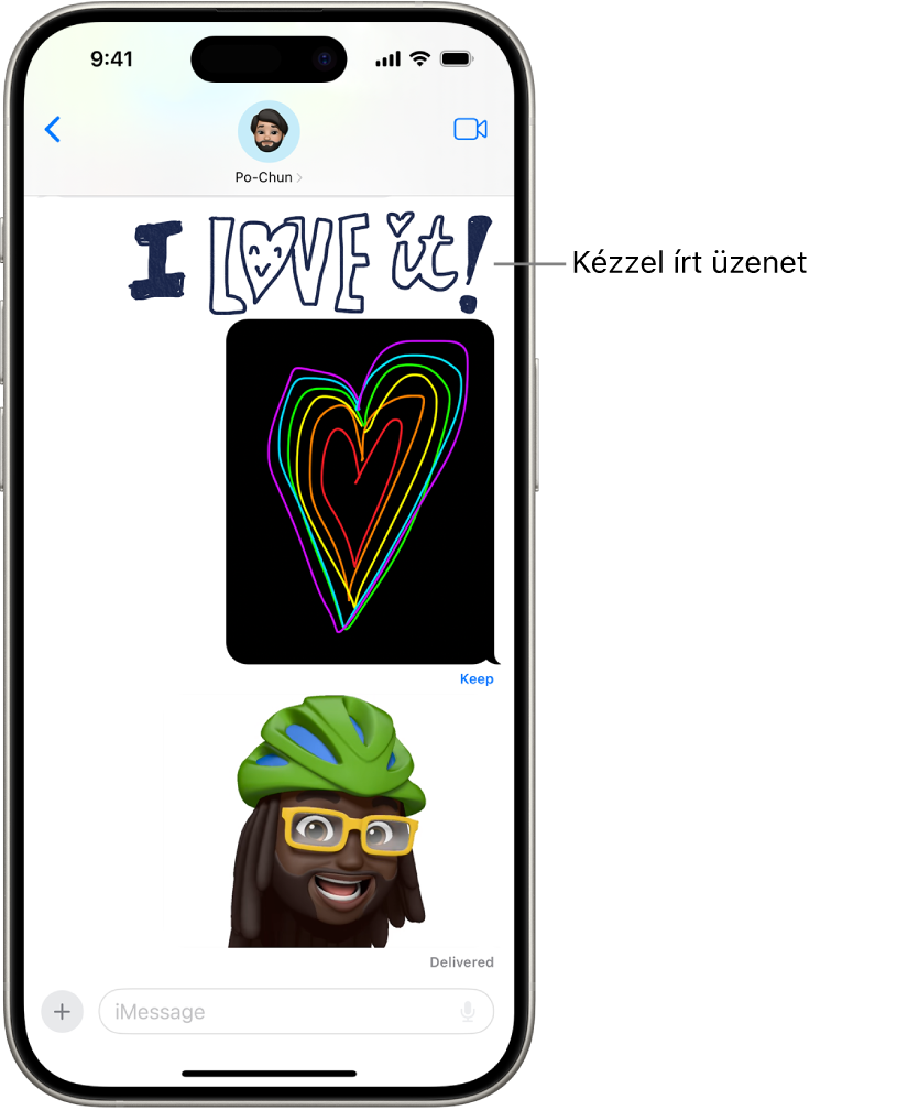 Az Üzenetek app egy animációkat tartalmazó beszélgetéssel, amelyben egy kézzel írt üzenet, egy Digital Touch és egy animált Memoji látható.