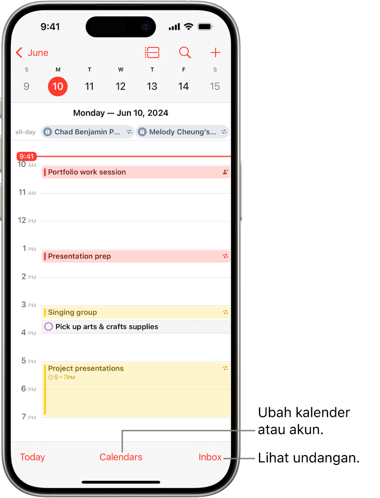 Kalender dalam tampilan Hari menampilkan acara pada hari itu. Tombol Kalender ada di tengah bawah layar, dan tombol Inbox ada di kanan bawah.